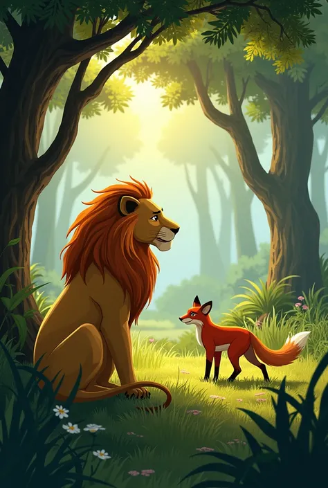 The scene shifts to a more open part of the jungle, with tall grasses swaying gently in the wind. The lion, with his muscular frame and bright golden mane, remains calm, sitting under the shadow of a large tree. The fox, with its sleek red-orange fur and s...