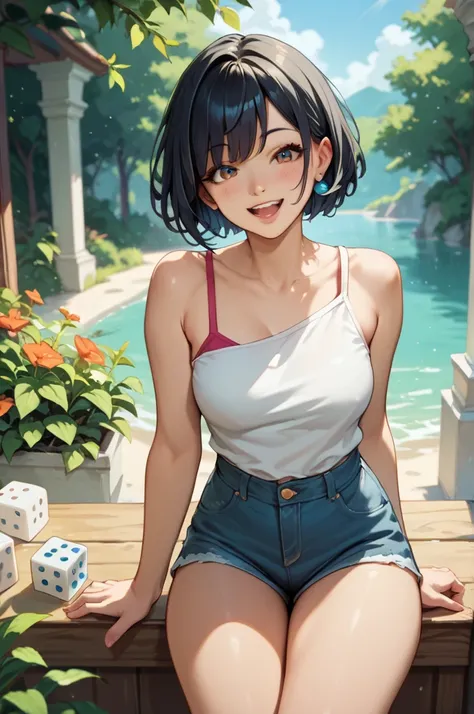  Sexy beautiful woman , One woman,  black hair, cute Outside, Outside,  short hair,  look at the viewer ,  excited face , legs focus, Thick legs,  casual wear,  short shorts , woman in a white bodice and blue denim shorts