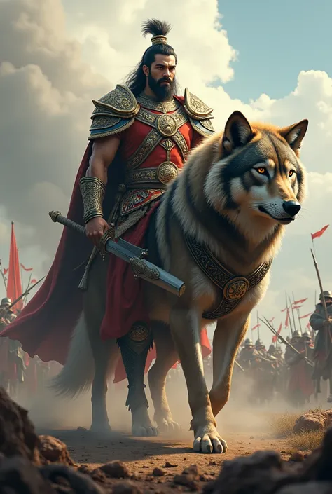 A handsome emperor holds a sword while walking on the battlefield with a giant wolf tail