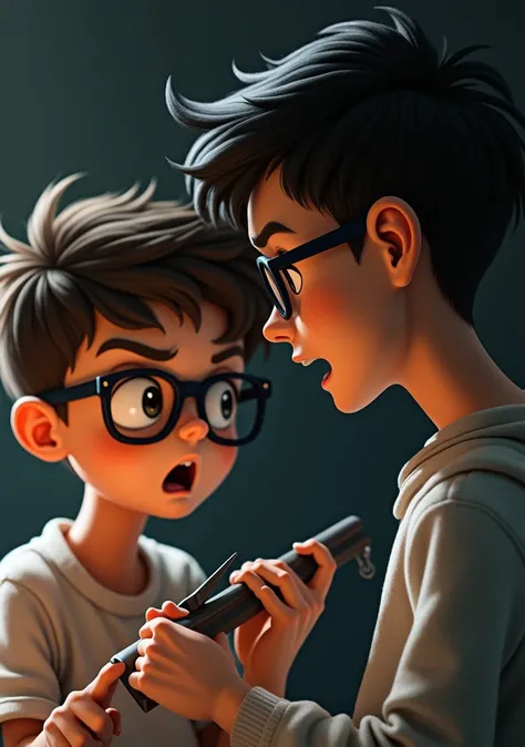 "A young man with a slim build and fair skin ,  with a surprised expression and a certain tension on his face ,  is in front of another boy who wears thick glasses with a dark frame .  The young man with glasses holds a cutting tool with precision ,  tilte...