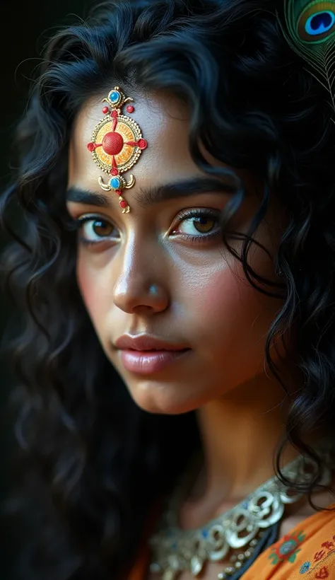 "Ultra-detailed, hyper-realistic close-up portrait of a person with features inspired by Lord Krishna, a Hindu deity. The individual has long, curly dark hair cascading around their face and mesmerizing, vivid blue eyes. A vibrant traditional tilak mark ad...