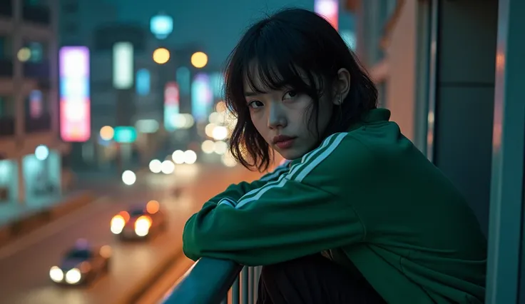 A beautiful Japanese girl in a green Adidas tracksuit, loose black pants and short wavy hair is leaning on a balcony railing and looking from above. Her eyes are looking down. There are cars and motorbikes below the balcony. Top view and front view at nigh...