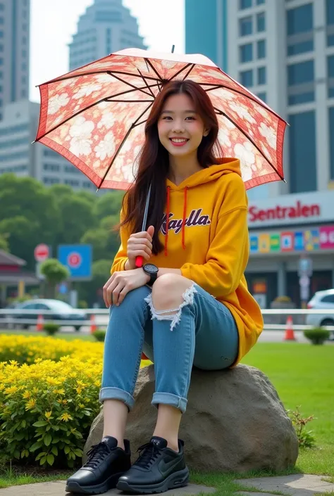 Original full body photo.  A tall Korean girl with long hair is sitting on a stone in a green grass garden stylishly while carrying an aesthetic flower-patterned umbrella.  He wore a yellow hoodie with "Kaylla" written on it, blue ripped jeans, stylish bla...