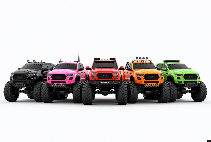 White background, black 6 wheel truck, red 6 wheel truck, pink 6 wheel truck, orange 6wheel  truck, green 6 wheel truck,  3D