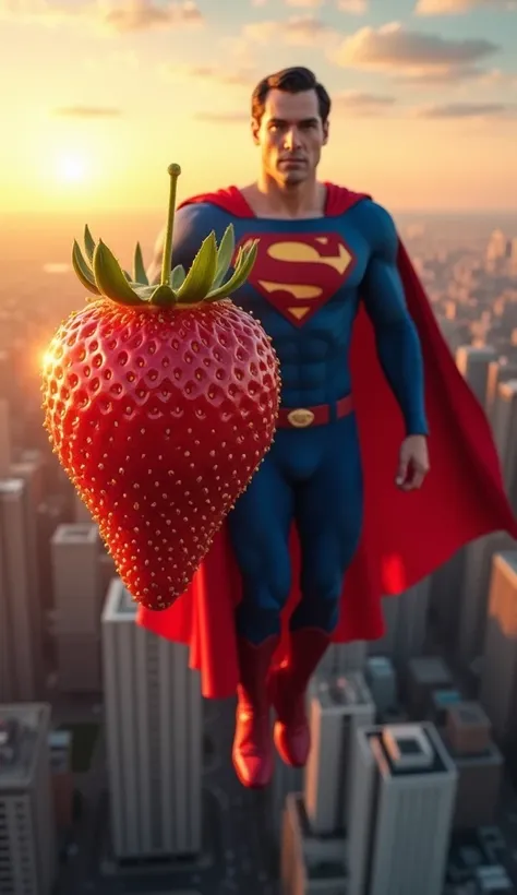 "Superman, in his iconic blue suit with the red cape and S emblem, hovers high above a bustling city. The sun is setting, casting a golden hue over the skyscrapers. Beside him is an anthropomorphic Red Strawberry, with a smooth, vibrant red body dotted wit...