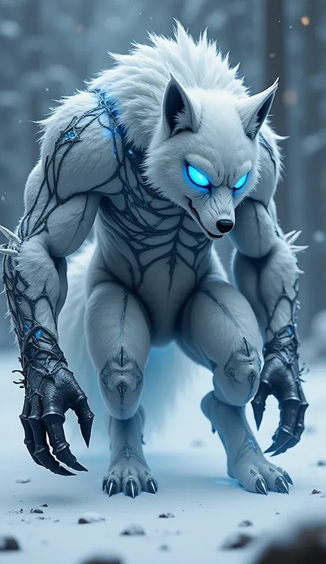 A fearsome, massive, and muscular hybrid of a snow fox and Spider-Man emerges from the shadows of a hostile dark fantasy world. With the speed and agility of the snow fox and the eerie, web-slinging capabilities of Spider-Man, this fusion stands over 10 fe...