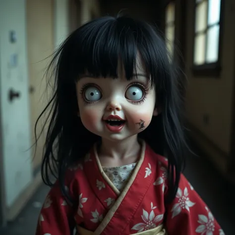  very creepy baby doll 、Horror、 open her mouth , bangs,  black hair,  very long hair, bangs, Disheveled Hair, Shake your hair, Super long hair, Hair in the eyes, Too much hair, Roll your eyes, White Eyes, White eyeball,  Crazy Eyes ,  very thin and small e...