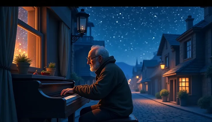 Starry night in a small town ,  old pianist looking out the window Mr. Orhan .  Stars shining in the background and the dark streets of the town.  Draw in animation style but realistic.