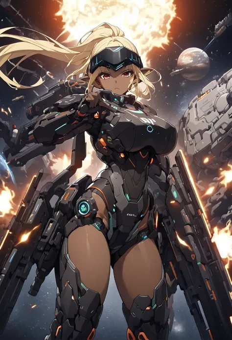 ( top quality 、 detailed images、Beautiful images、 official images )、((Near future、 outer space 、Space War))、( model body type、Blonde、 red eyes、 ponytail hair、Short Pointed Ears 、 Big Breasts )、( ergonomic body 、 ergonomic finger shape、 correct anatomy)、(((...