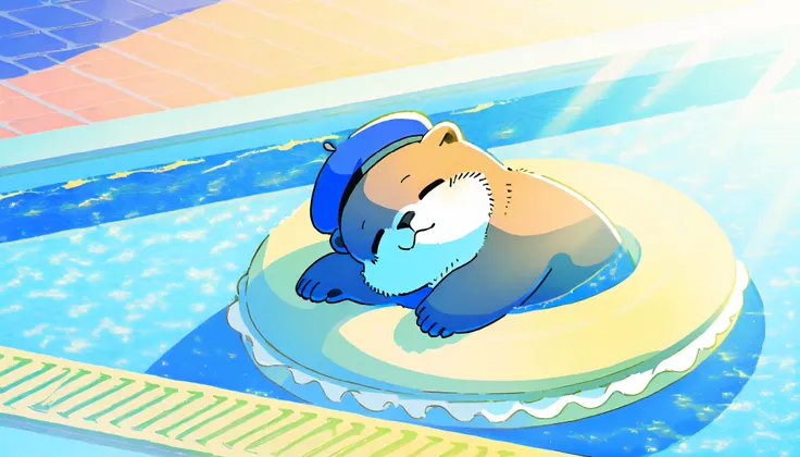 Score_9, Score_8_up, Score_7_up, Score_6_up, Score_5_up, Score_4_up, no human, solo, sea otter (blue, adorable, sleeping on swimming ring, blue beret hat, swimming ring), swimming pool, sunlight, vivid, colorful, warm, Wide lens