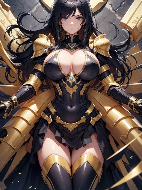 Female armor knight、 black and yellow shiny armor 、 topless、 armor with exposed nipples and pubic areas、Large female warrior、 Big Breasts 、 Lower Body Naked、Big Breasts、 black hair long、Big Breasts、 lapis lazuli-studded circle holding flails、 Im crouching ...