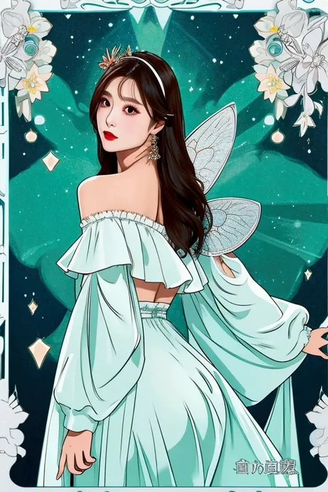 (masterpiece,  best quality:1.2), 1 woman, Alone, ((Off Shoulder Outfit )),, from the depths of the wonderland ， moonlight shines like water ，, a foggy room ，The heroines figure is faintly visible ，, like a fairy in a painting ， slim and sexy legs ，, her l...