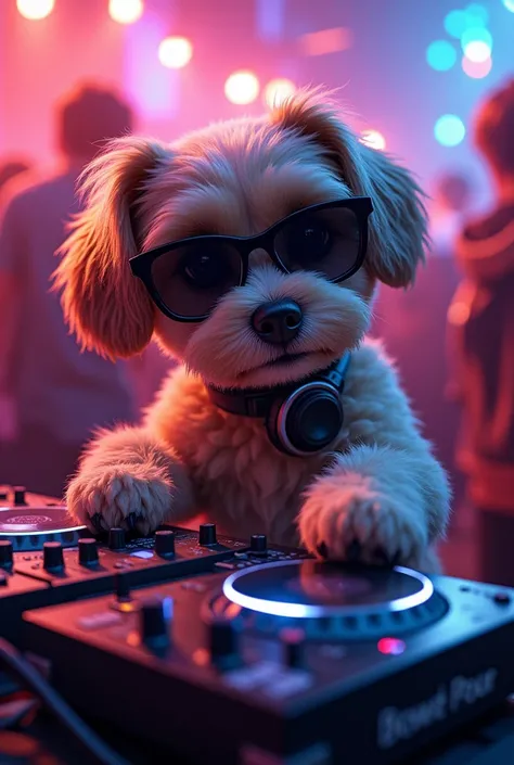 Create an image where a dog is playing a DJ pad. It is wearing black sunglasses, with its paw raised in a chill mood. The setting is a party.

