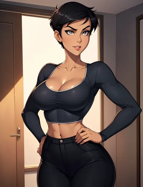 ((ultra quality)), ((masterpiece)), Lois Lane, sexy grin, ((black short hair tomboy hairstyle)), (Beautiful face), (beautiful female lips), (), charming, ((sexy facial expression)), (light skin color), (light skin), glare on the body, ((detailed beautiful ...