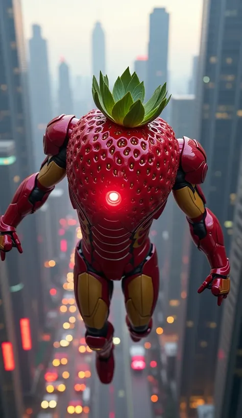 "Iron Man, in his gleaming red and gold suit, flies through a sleek, futuristic city with towering skyscrapers and flying vehicles. The city glows with neon lights beneath him. Beside him is an anthropomorphic Red Strawberry, with a smooth, shiny red body ...