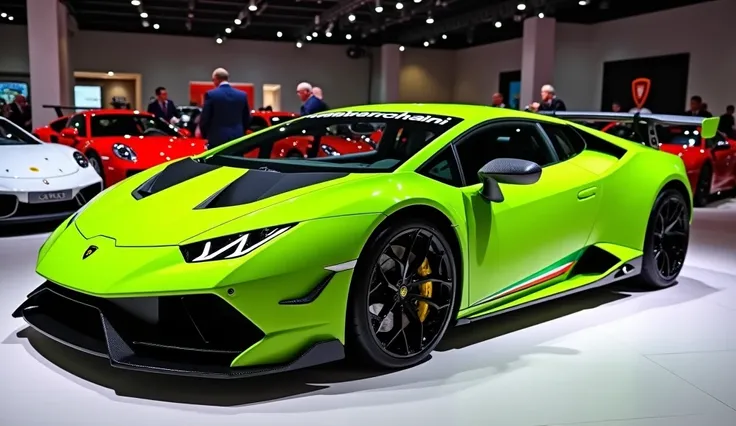 A Lamborghini Huracán STO in an electrifying lime green exterior with sharp aerodynamic lines, accented by a sleek black roof and matching black detailing on the rear spoiler and side skirts. The car sits on glossy black alloy wheels with a sporty design, ...