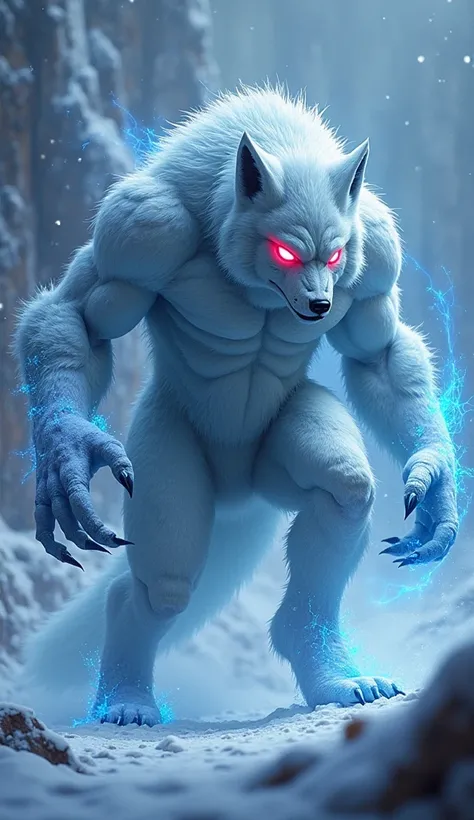 "The fusion of a massive Snow Fox and Spiderman gives birth to a unique, untamable creature from a dark fantasy world. The hybrid, known as ""Arachnofrost,"" stands at 15 feet tall, its body covered in thick, frost-kissed fur that shimmers with an icy blue...