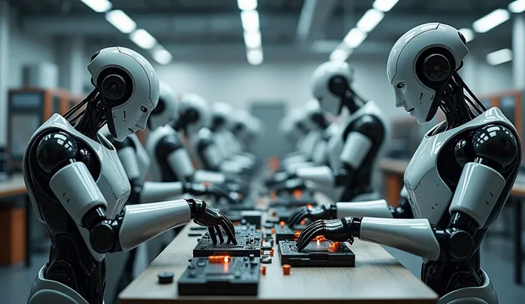 Robots assemble computers in the workshop