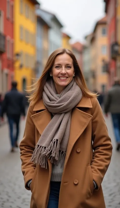 A 38-year-old woman with a soft smile, wearing a camel-colored coat and scarf, walking down a street lined with colorful buildings in autumn.