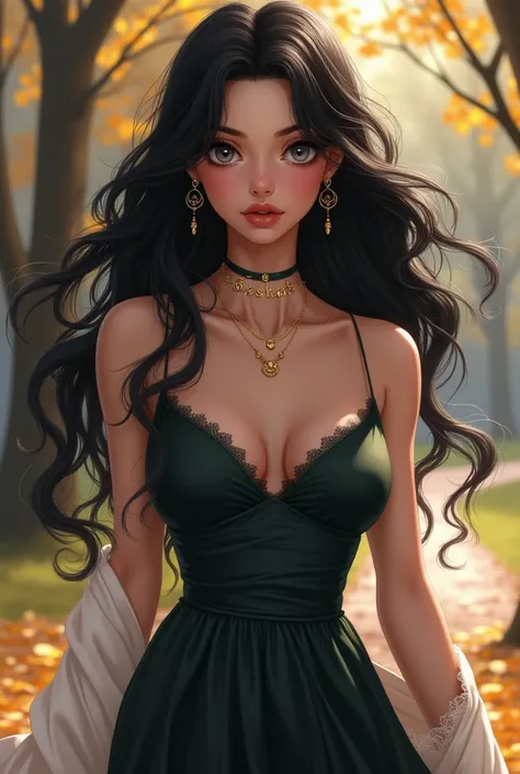  Pretty young girl with long black curly hair in the wind, grey eyes, two lips,  necklace with the name Seshat , Earrings, sexy winter dress, pose sexy, intense look,  walking in a park, reality