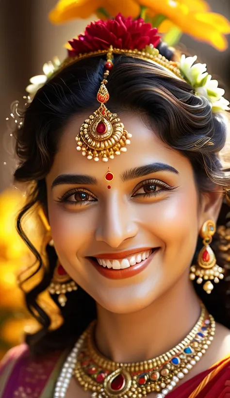 "High-detail, hyper-realistic close-up portrait of a smiling figure inspired by Lord Krishna. The subject has soft, curly dark hair adorned with vibrant floral decorations and traditional jewelry. A red tilak mark prominently decorates the forehead, comple...