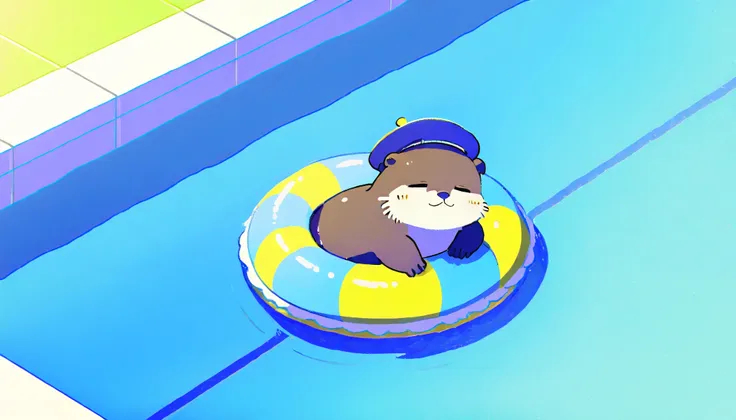 Score_9, Score_8_up, Score_7_up, Score_6_up, Score_5_up, Score_4_up, no human, solo, sea otter (blue, adorable, sleeping on swimming ring, blue beret hat, swimming ring), swimming pool, sunlight, vivid, colorful, warm, Wide lens