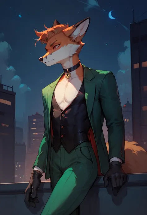 Furry, A 18-yr young male fox, fox, red eyes, villain, slender, thin, slim, green suit, suspender, black gloves, on the rooftop at night