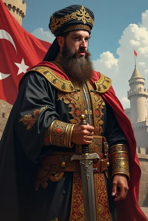 An Ottoman visier head, with intricate turban, aggressive, with Islamic takke and sarik behind the head, painting style. Rich clothes, colorfull mostly black and gold, battle equipment ottoman sabre in hand, flag of the beogradski pashaluk in the backgroun...