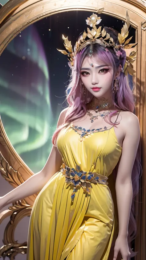 1 20 year old Asian girl, 1 goddess Athena, pink purple silk dress, beautiful goddess Athena face without blemishes, delicate yellow nightgown, long thin sequin nightgown with many sexy black lace details, female saint legend, female saint icon, beautiful ...