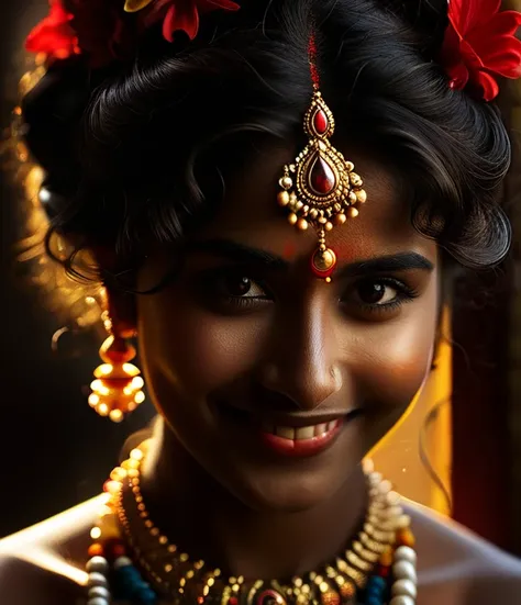 "High-detail, hyper-realistic close-up portrait of a smiling figure inspired by Lord Krishna. The subject has soft, curly dark hair adorned with vibrant floral decorations and traditional jewelry. A red tilak mark prominently decorates the forehead, comple...