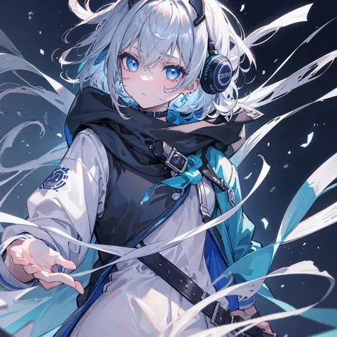 a girl, short grey hair, dark blue eyes, cold expression, piercing gaze, jacket, beautiful face, beautiful eyes, gradient hair, fade hair cut, messy hair, headphones, hood down, mouth mask, metallic mask, headphones, scar across eye, aqua eyes, gradient ey...