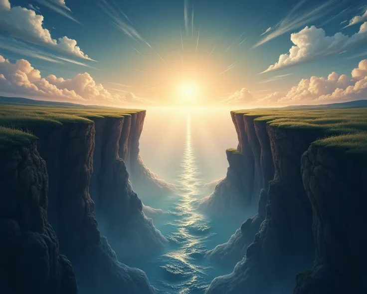 Illustrate the concept of Akhirah (the Hereafter) and Barzakh (the barrier between this world and the next), depicting the peaceful yet mysterious realm between life and the afterlife. The image should have soft, glowing light at the horizon, with a surrea...