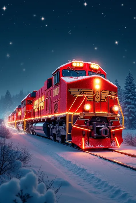 A glittering freight train dyed bright red in bright red Christmas colors runs on a fantastic snowy night