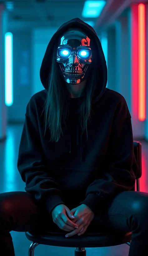 "A cyberpunk-inspired image featuring a woman sitting on a chair in a dark, futuristic setting. The woman is wearing a glowing, metallic mask with bright blue illuminated eyes, similar to a high-tech robotic design. She is dressed in a black hoodie with th...