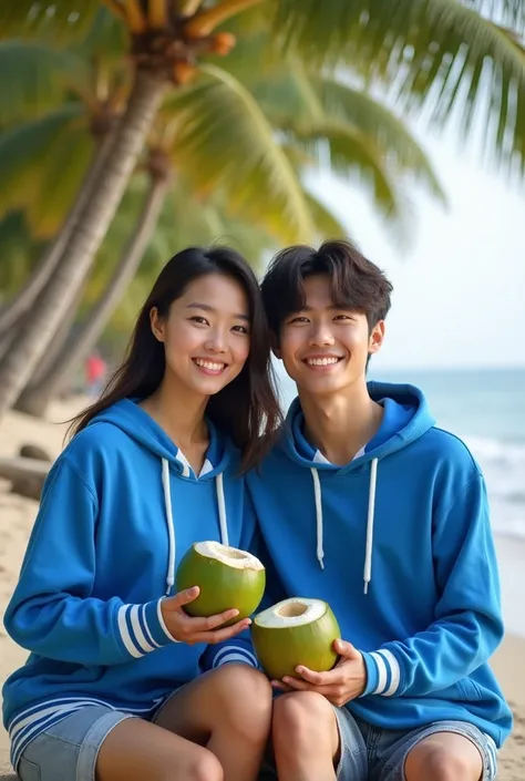 A pair of handsome Indonesian guys with Korean faces and beautiful Indonesian girls with Korean faces are sitting on the edge of the beach with a backdrop of shady coconut trees. They are wearing blue hoodies with white striped accents, creating a harmonio...