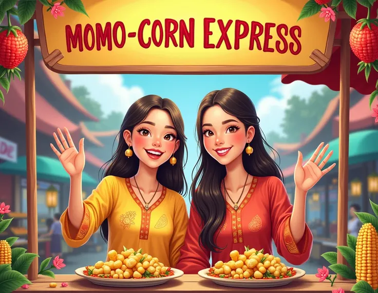 generate a more prettiest poster design on food stall naming The momo-corn express including 2 girls