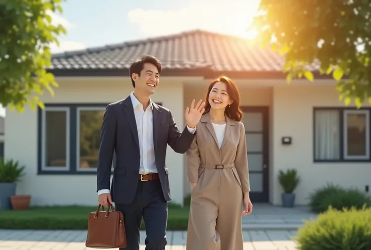 A realistic photograph of a Japanese husband and wife in front of their modern single-family home. The husband is dressed in a neat business suit, carrying a briefcase and smiling warmly as he waves goodbye. The wife stands near the front door, wearing a c...