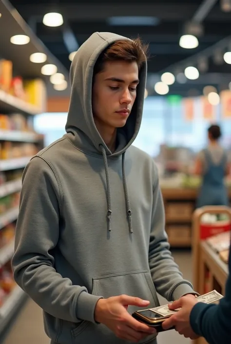 aguy wearing a hoodie with the hood not on the head cash out in the super market