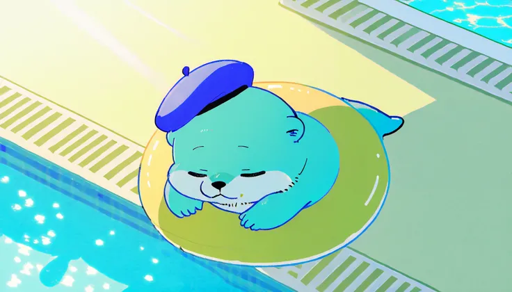 Score_9, Score_8_up, Score_7_up, Score_6_up, Score_5_up, Score_4_up, no human, solo, sea otter (blue, adorable, sleeping on swimming ring, blue beret hat, swimming ring), swimming pool, sunlight, vivid, colorful, warm, Wide lens