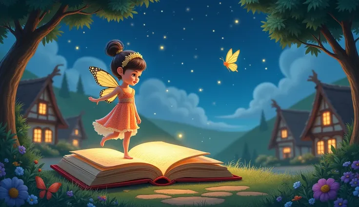 Huzur dolu bir köyde,  A night full of stars shining around ,  in a peaceful village .  with a colorful fairy tale book open {x} emerges from the pages of the book with a golden butterfly flying.  Draw in animation style but realistic.