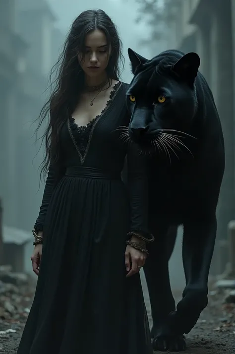 A sad women accompany by a black panther