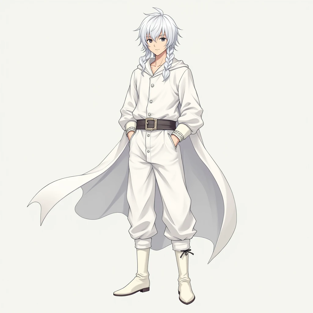  19-year-old boy , white hair,  dark gray eye ,white Medieval clothing for men,white Pants, white boots,anime style,anime,He stands tall,simple background,sidelocks,medium hair,hair over shoulder