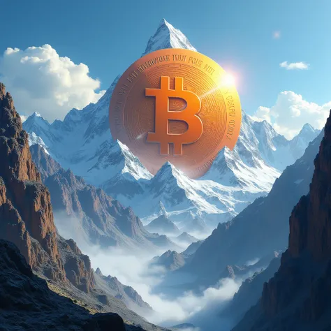 Make a picture of Bitcoin rising to $98,000 with a background that matches the worlds natural peak