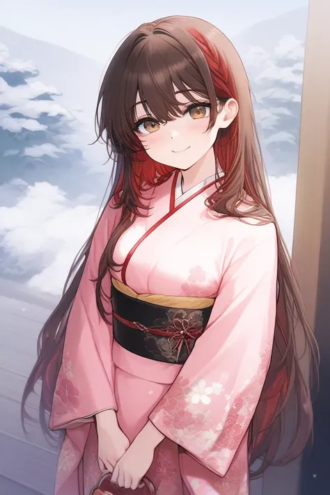 1 girl, Long brown hair and red on the edges of the hair., Cheerful demeanor,Wearing a kimono