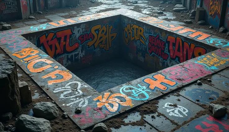 a big square shape storm drain full of graffiti , dark , hyper realistic , UHD.