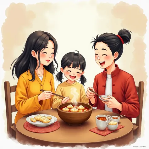 Generate an image, watercolor style, of a Taiwanese family of 3 sitting around a round table, enjoying soup dumplings together, symbolizing reunion and happiness. On the table was a big bowl of steaming hot dumplings, the thick sweet soup exuded a cozy atm...