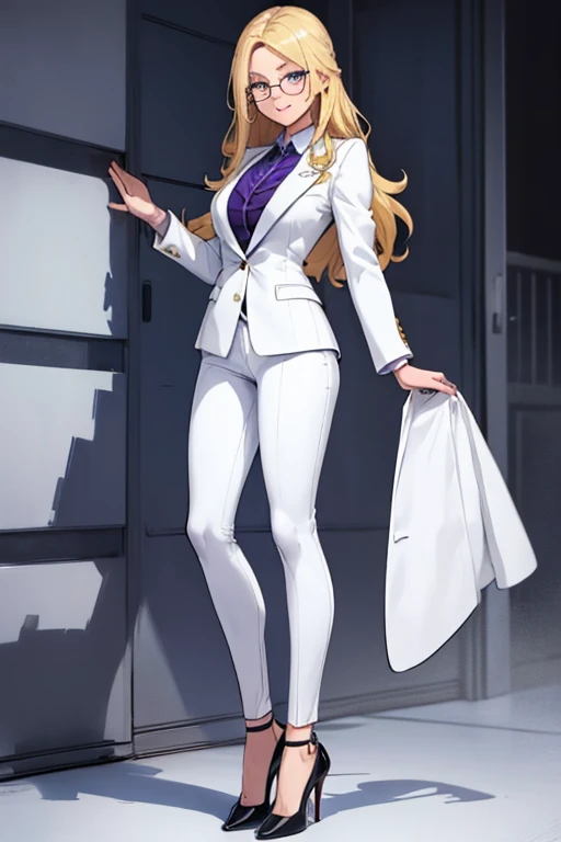 female, long blonde hair, blue eyes, (((1girl))), (((white suit blazer))), (purple dress shirt), (black pants), (black heels), (glasses), cute and sexy, full body, modest breasts, long legs, smiling