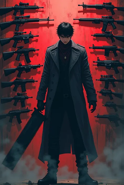 there is a man holding a large saw in front of a wall of guns, concept art inspired by Kanzan Shimomura, trending on pixiv, auto-destructive art, trigger anime artstyle, badass anime 8 k, 4 k manga wallpaper, chainsaw man, detailed key anime art, chainsaw ...