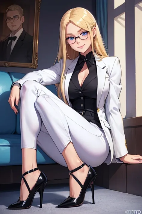 female, long blonde hair, blue eyes, (((1girl))), (((white suit blazer))), (purple dress shirt), (black dress pants), (black heels), (glasses), cute and sexy, full body, modest breasts, long legs, smiling