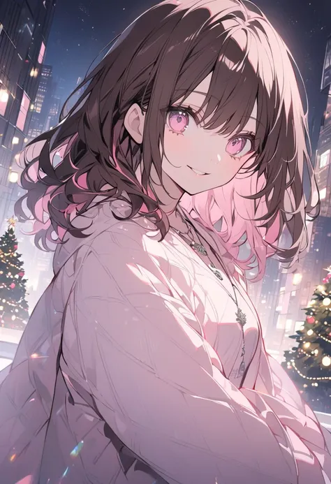 Alone， medium hair，Dark brown hair，pink highlight at the tip，green christmas tree，woman， Light Pink Eyes ，smile，White long sleeve，night, necklace，City， black coat 